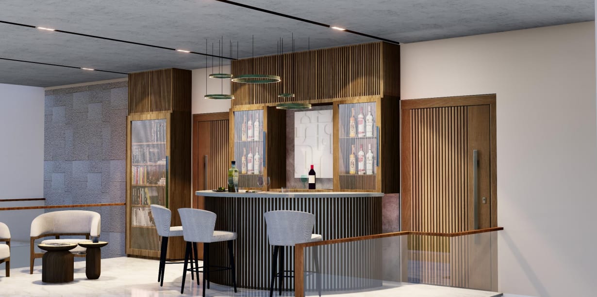 Bar and lounge landing with ring pendants, stone-clad wall and reading chairs