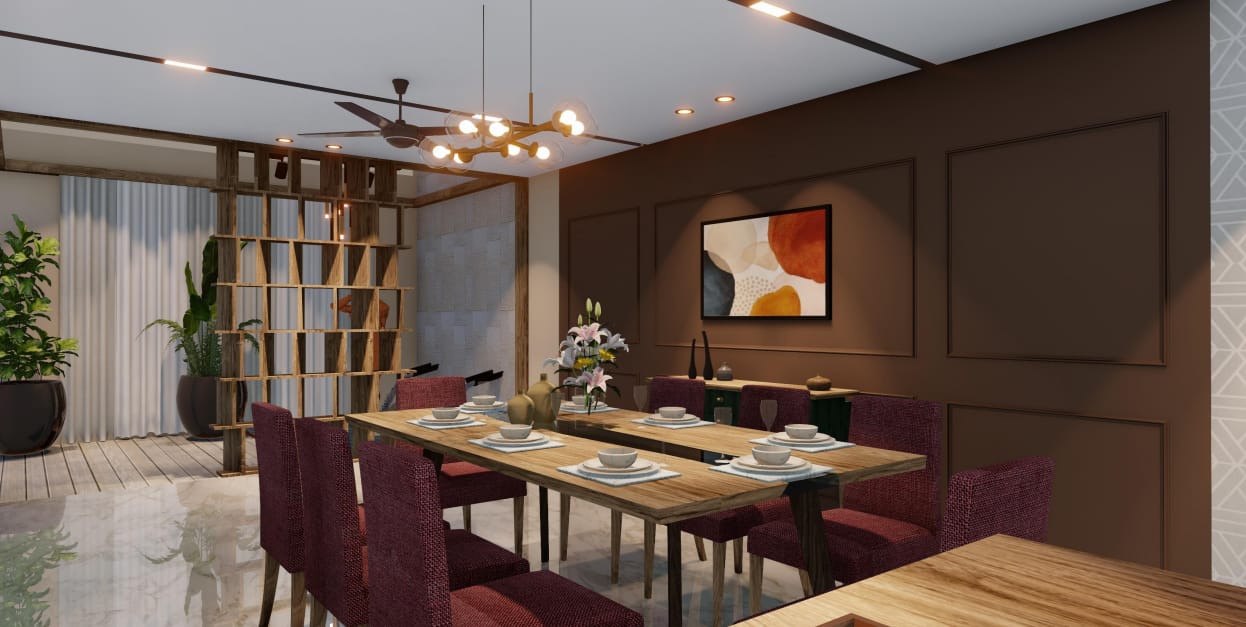 Dining room beside a timber lattice partition