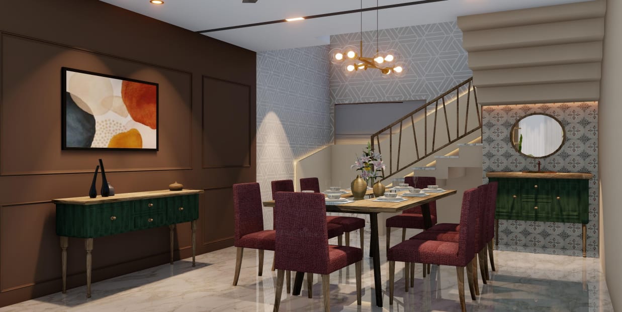 Dining room with berry upholstered chairs, chocolate panelled wall and a green console under the stair