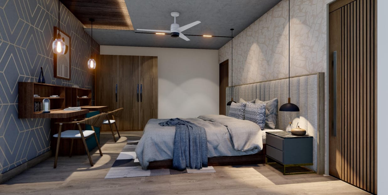 Bedroom in geometric indigo with channelled headboard