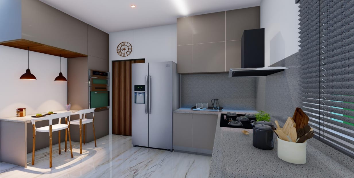 Kitchen run with built-in ovens, stone worktop and bar seating