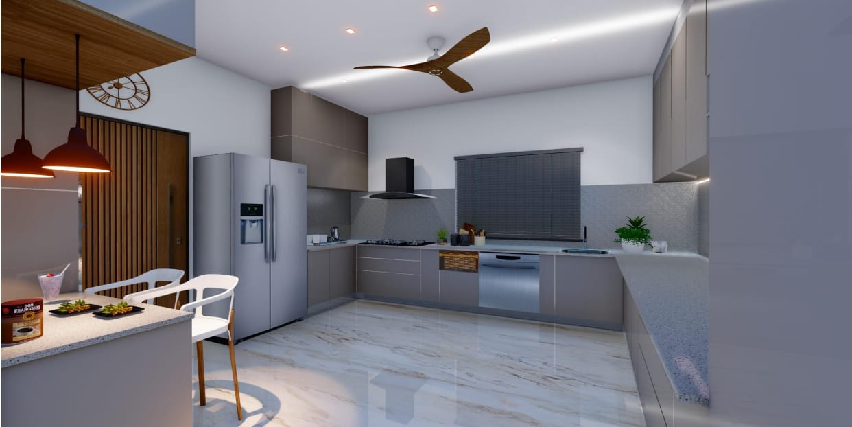 Modern grey kitchen with stone breakfast counter and timber slat entry