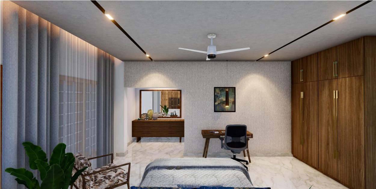 Master suite dressing wall with vanity nook and full-height walnut wardrobes