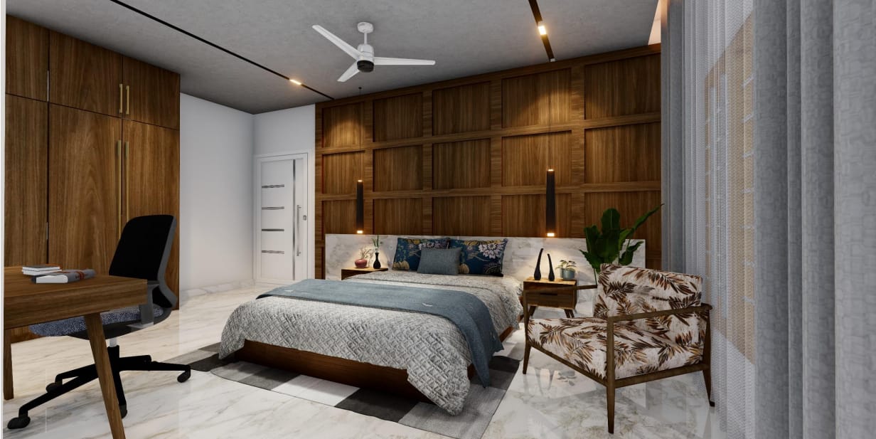 Master bedroom with coffered walnut headboard wall, blue layered bedding and a study desk
