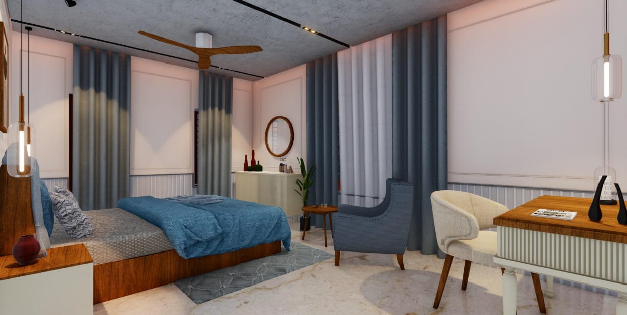 Guest bedroom sitting corner with round mirror, armchair and writing desk