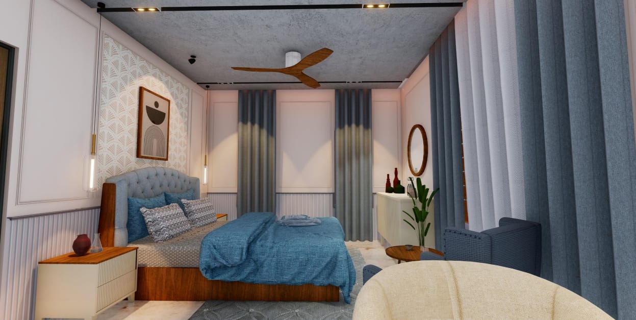 Guest bedroom in blush and blue with tufted headboard and raw concrete ceiling